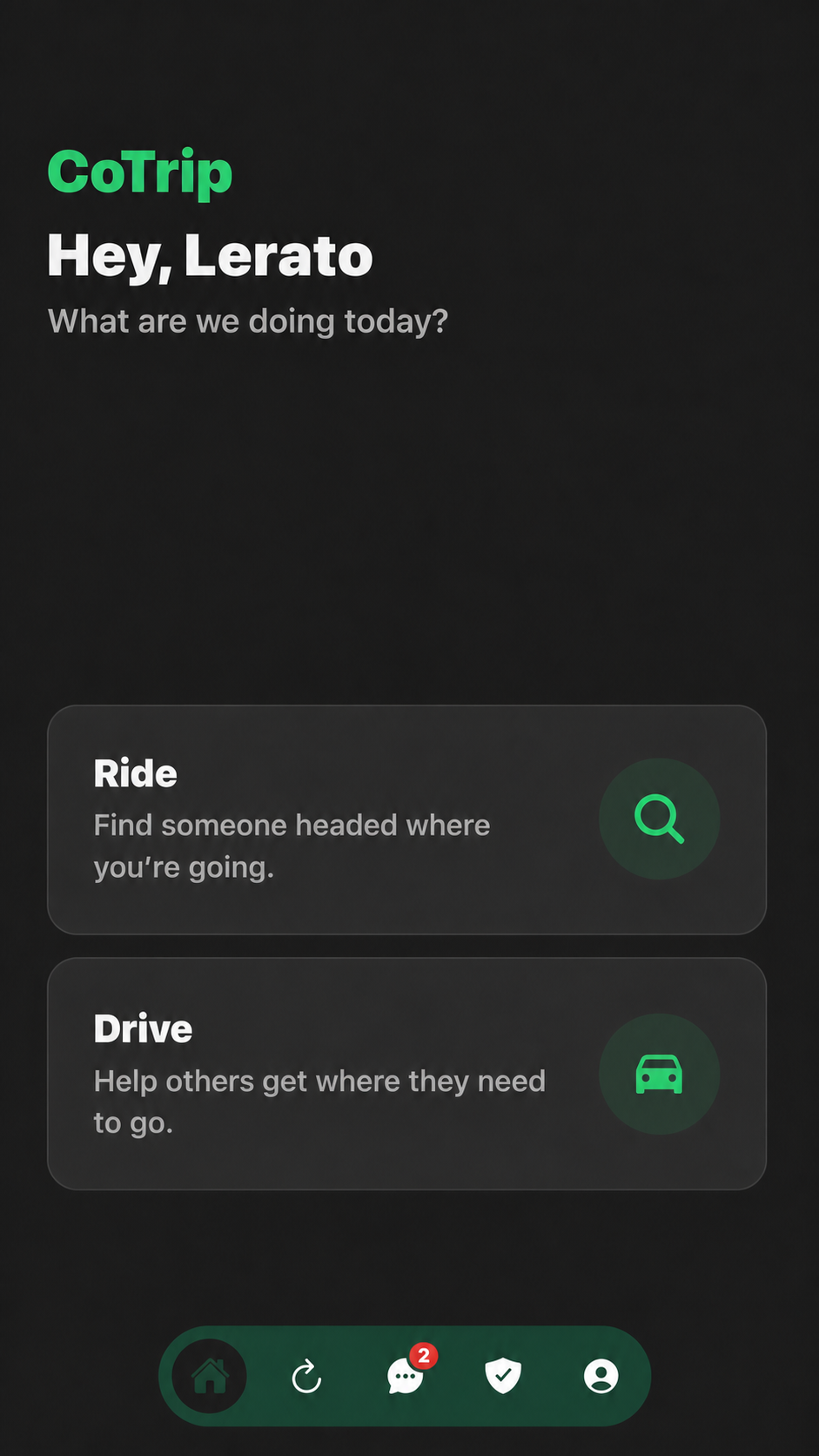 CoTrip app home screen in dark mode