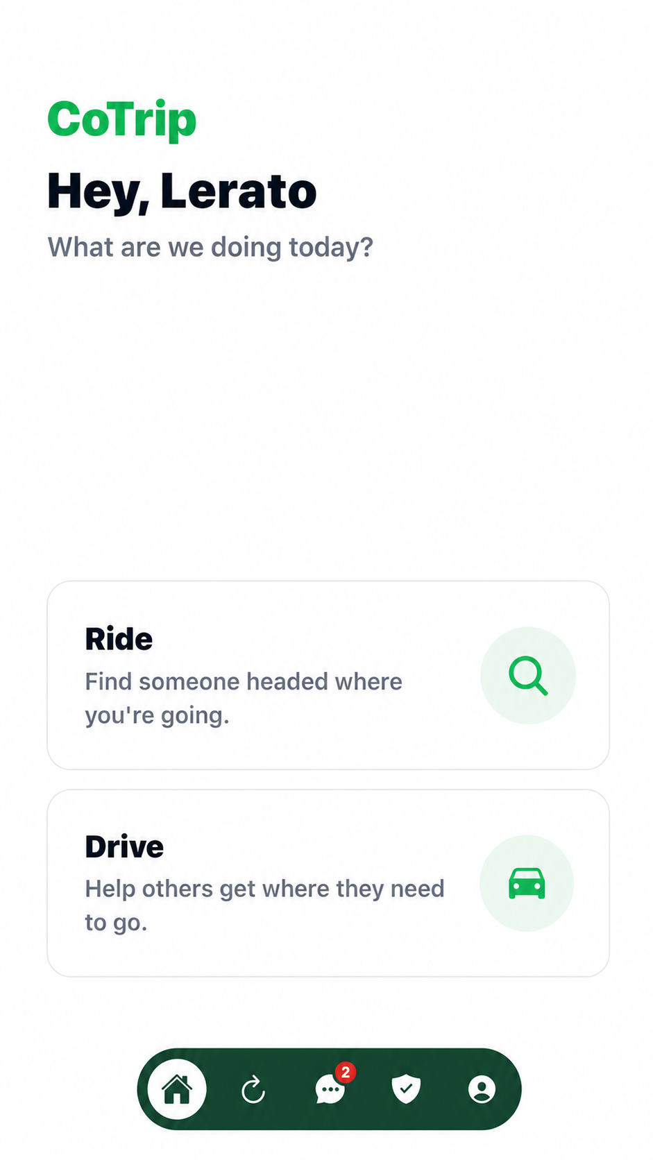 CoTrip app home screen in light mode